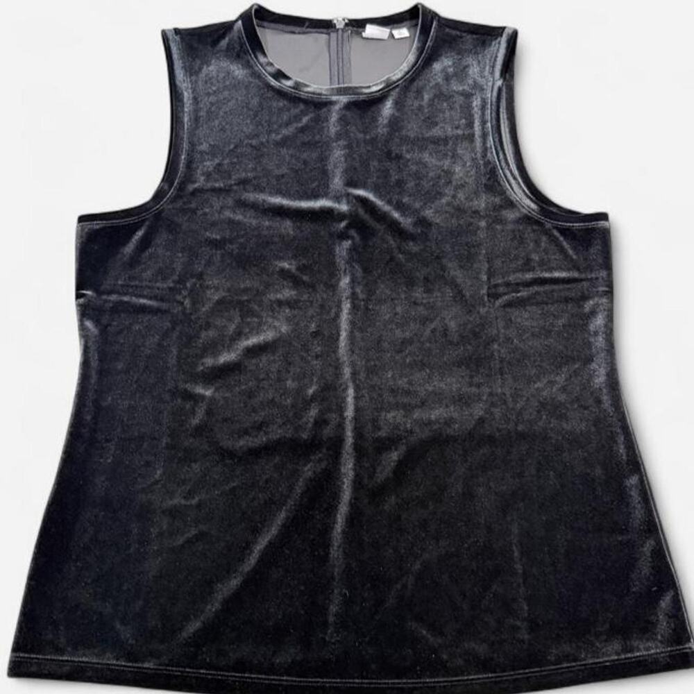 GAP Black Velvet Sleeveless Top Sz L Tall Zip Back Sheer Yoke Stretch - Picture 1 of 4